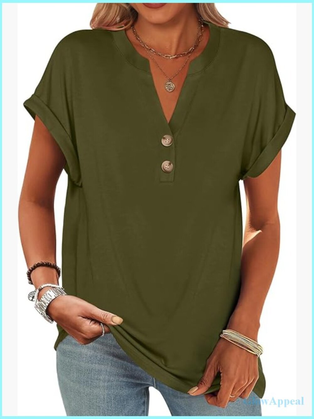 Short Sleeve V Neck Henley Top Loose Fit Casual Blouse Summer Tee